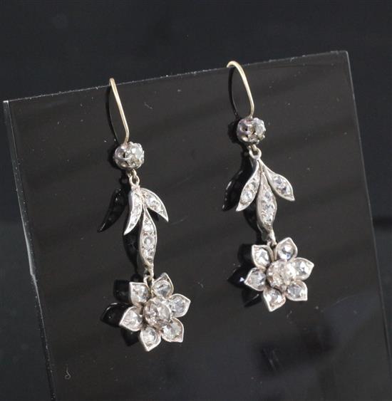 A pair of Victorian gold, silver and diamond cluster flower heads drop earrings, 1.5in.